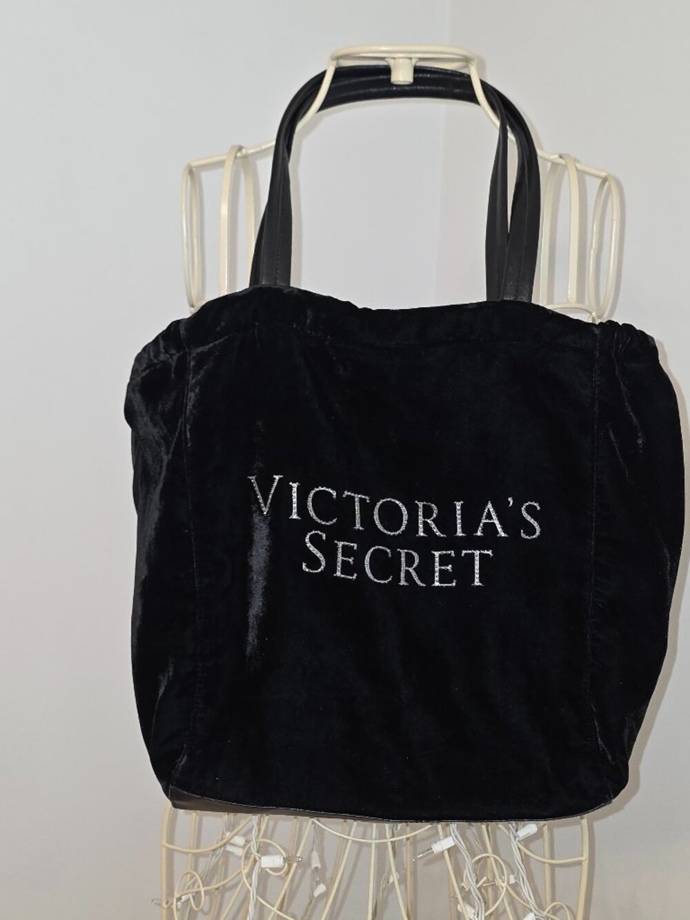 Victoria’s Secret Black Velvet Tote Bag Y2K Drawstring Large Logo Shoulder Bag